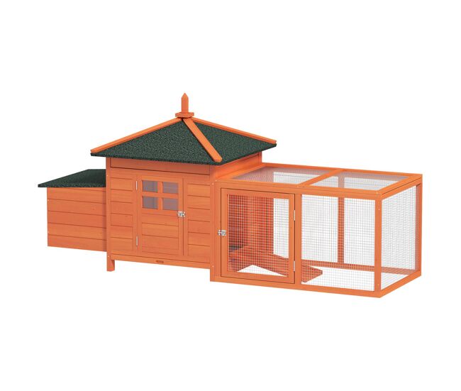 Pawhut gallinero de madera exterior, jaula para gallinas con nidos, corral, bandeja extraíble, tapa abatible, 196x76x97 cm, naranja