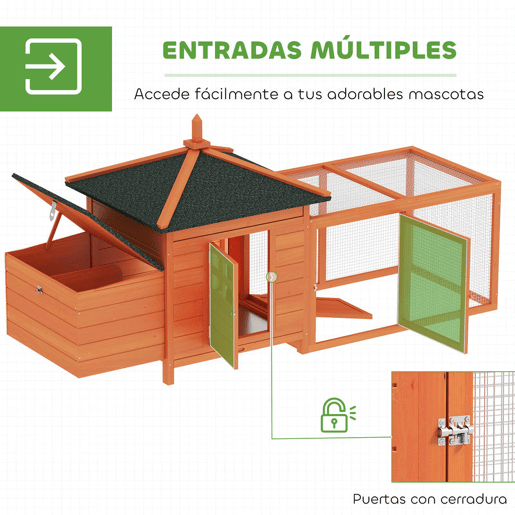 PawHut Galinheiro de Madeira para Exterior Gaiola para Galinhas com Ninhos Cercado Bandeja Removível Teto Abatível 196x76x97 cm Madeira