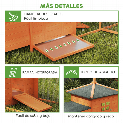 PawHut Galinheiro de Madeira para Exterior Gaiola para Galinhas com Ninhos Cercado Bandeja Removível Teto Abatível 196x76x97 cm Madeira