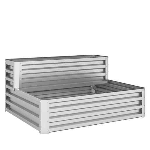 Outsunny Caixa de Cultivo de 2 Níveis em Aço Galvanizado Floreira Exterior com Design em Escada e Fundo Aberto para Cultivo Plantas Herbári, para Terraço Jardim 120x101x58 cm Prata