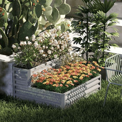 Outsunny Caixa de Cultivo de 2 Níveis em Aço Galvanizado Floreira Exterior com Design em Escada e Fundo Aberto para Cultivo Plantas Herbári, para Terraço Jardim 120x101x58 cm Prata