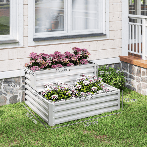 Outsunny Caixa de Cultivo de 2 Níveis em Aço Galvanizado Floreira Exterior com Design em Escada e Fundo Aberto para Cultivo Plantas Herbári, para Terraço Jardim 120x101x58 cm Prata