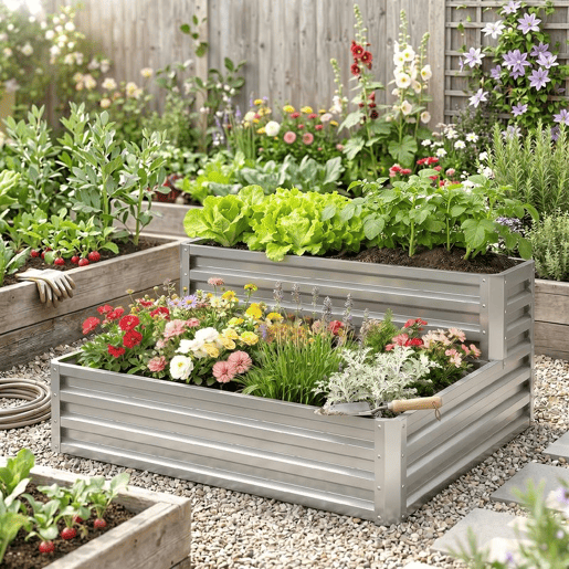 Outsunny Caixa de Cultivo de 2 Níveis em Aço Galvanizado Floreira Exterior com Design em Escada e Fundo Aberto para Cultivo Plantas Herbári, para Terraço Jardim 120x101x58 cm Prata