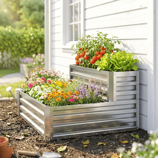 Outsunny Caixa de Cultivo de 2 Níveis em Aço Galvanizado Floreira Exterior com Design em Escada e Fundo Aberto para Cultivo Plantas Herbári, para Terraço Jardim 120x101x58 cm Prata