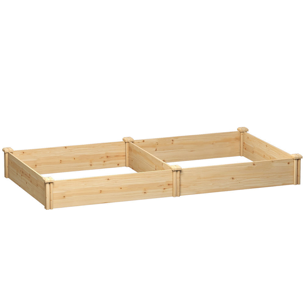 Outsunny jardinera elevada de madera, huerto urbano para cultivar plantas, macetero exterior con divisor y base abierta, pintura diy, para jardín, terraza, 235x121x26 cm, natural
