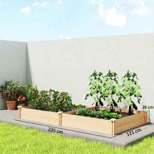 Outsunny Floreira Elevada em Madeira Horta Urbana para Cultivar Plantas Vaso Exterior com Divisor e Base Aberta Pintura DIY para Jardim Terraço 235x121x26 cm Madeira