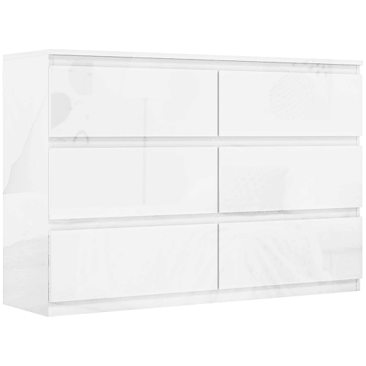 HOMCOM Cómoda com 6 Gavetas de Madeira Cómoda de Dormitório Cómoda Branca para Sala de Estar Estilo Moderno 112x34x75 cm Branco Brilhante