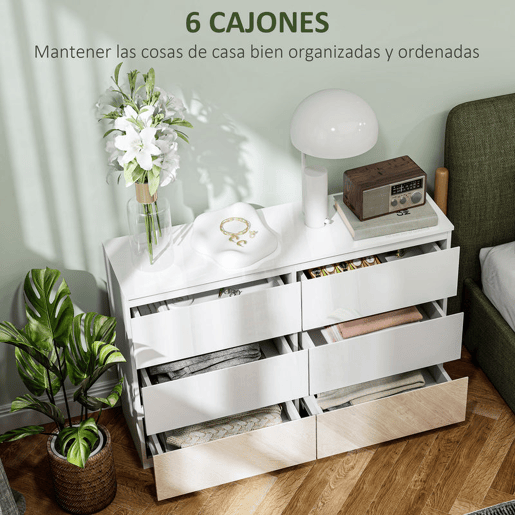 HOMCOM Cómoda com 6 Gavetas de Madeira Cómoda de Dormitório Cómoda Branca para Sala de Estar Estilo Moderno 112x34x75 cm Branco Brilhante