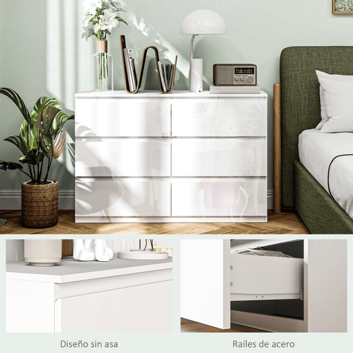HOMCOM Cómoda com 6 Gavetas de Madeira Cómoda de Dormitório Cómoda Branca para Sala de Estar Estilo Moderno 112x34x75 cm Branco Brilhante