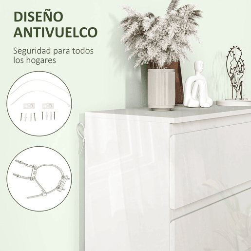 HOMCOM Cómoda com 6 Gavetas de Madeira Cómoda de Dormitório Cómoda Branca para Sala de Estar Estilo Moderno 112x34x75 cm Branco Brilhante