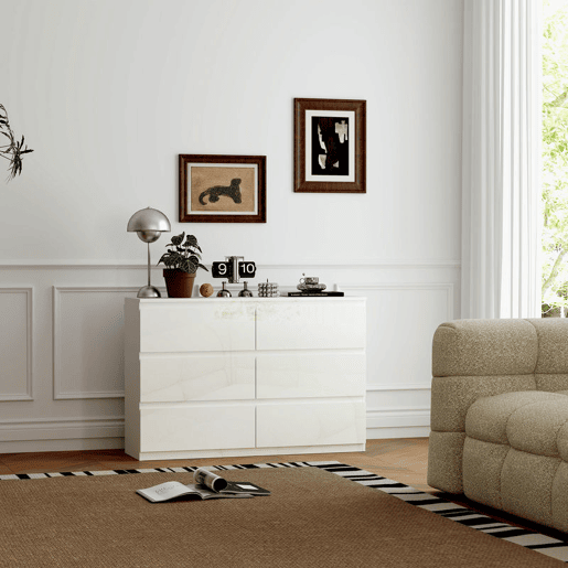 HOMCOM Cómoda com 6 Gavetas de Madeira Cómoda de Dormitório Cómoda Branca para Sala de Estar Estilo Moderno 112x34x75 cm Branco Brilhante