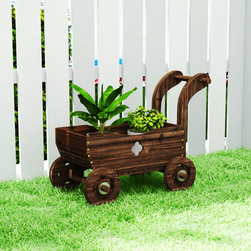 Outsunny Carrinho de Madeira Decorativo Vaso Elevado com 4 Rodas Pega Orifícios de Drenagem Vaso Exterior para Plantas e Flores 68x38x52 cm Carbonizado