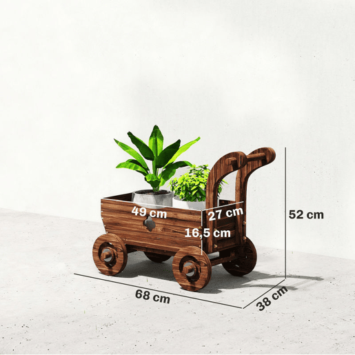 Outsunny Carrinho de Madeira Decorativo Vaso Elevado com 4 Rodas Pega Orifícios de Drenagem Vaso Exterior para Plantas e Flores 68x38x52 cm Carbonizado