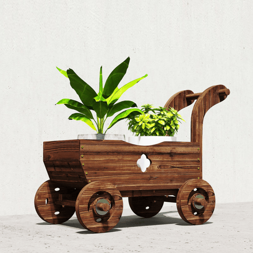 Outsunny Carrinho de Madeira Decorativo Vaso Elevado com 4 Rodas Pega Orifícios de Drenagem Vaso Exterior para Plantas e Flores 68x38x52 cm Carbonizado