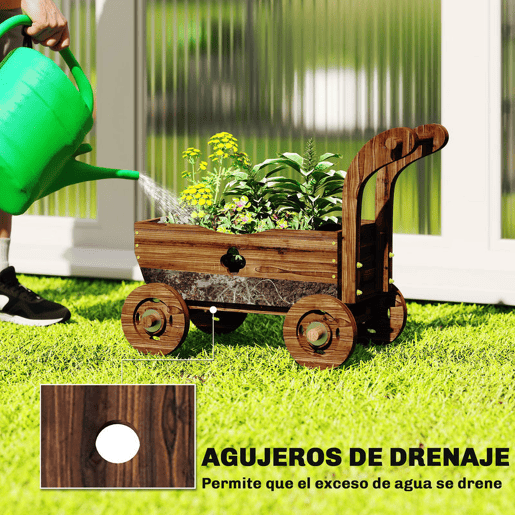 Outsunny Carrinho de Madeira Decorativo Vaso Elevado com 4 Rodas Pega Orifícios de Drenagem Vaso Exterior para Plantas e Flores 68x38x52 cm Carbonizado