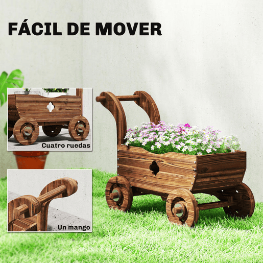 Outsunny Carrinho de Madeira Decorativo Vaso Elevado com 4 Rodas Pega Orifícios de Drenagem Vaso Exterior para Plantas e Flores 68x38x52 cm Carbonizado