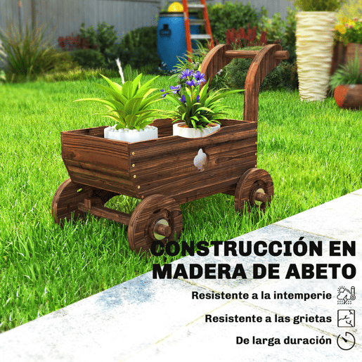 Outsunny Carrinho de Madeira Decorativo Vaso Elevado com 4 Rodas Pega Orifícios de Drenagem Vaso Exterior para Plantas e Flores 68x38x52 cm Carbonizado