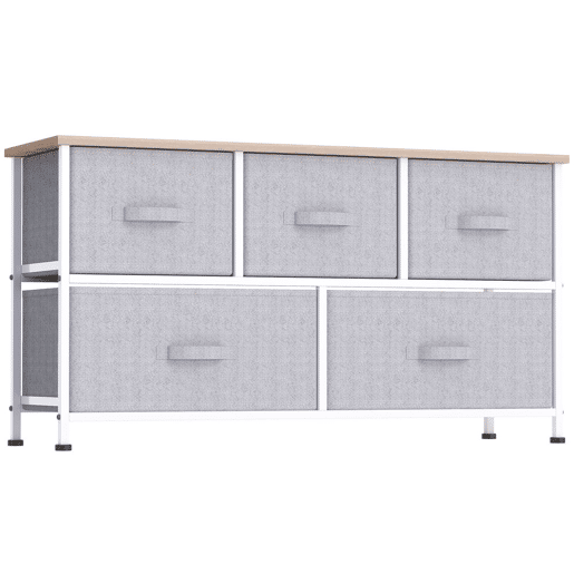 HOMCOM Cómoda com 5 Gavetas de Tecido Cómoda para Quarto Estrutura Metálica Cómoda para Sala Escritório Closet Cinzento