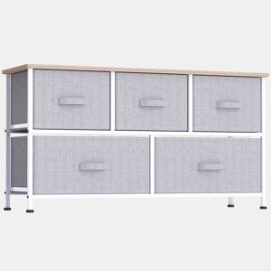 HOMCOM Cómoda com 5 Gavetas de Tecido Cómoda para Quarto Estrutura Metálica Cómoda para Sala Escritório Closet Cinzento