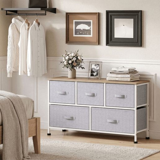 HOMCOM Cómoda com 5 Gavetas de Tecido Cómoda para Quarto Estrutura Metálica Cómoda para Sala Escritório Closet Cinzento