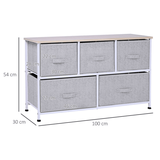HOMCOM Cómoda com 5 Gavetas de Tecido Cómoda para Quarto Estrutura Metálica Cómoda para Sala Escritório Closet Cinzento