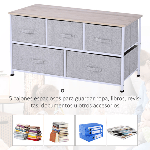 HOMCOM Cómoda com 5 Gavetas de Tecido Cómoda para Quarto Estrutura Metálica Cómoda para Sala Escritório Closet Cinzento