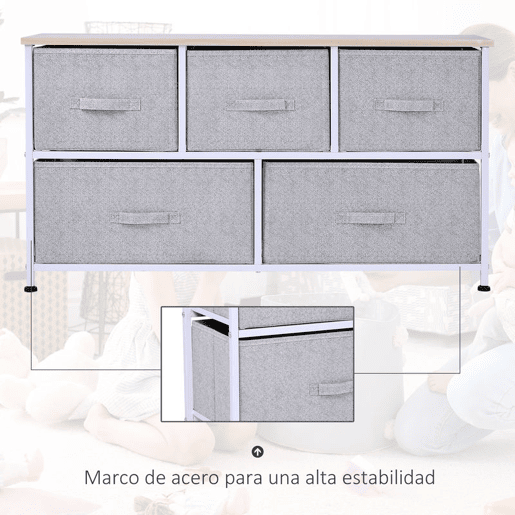 HOMCOM Cómoda com 5 Gavetas de Tecido Cómoda para Quarto Estrutura Metálica Cómoda para Sala Escritório Closet Cinzento
