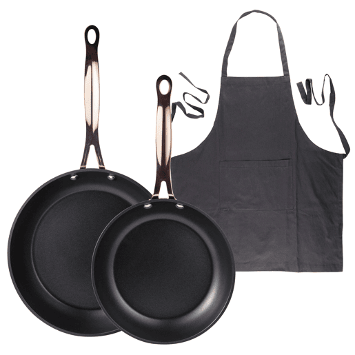 Frigideiras de indução de cobre Ø20Ø24cm e avental cinza