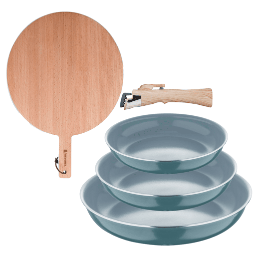 Frigideiras Click&Cook de Ø18Ø20Ø24cm com sistema de indução e tábua de corte.