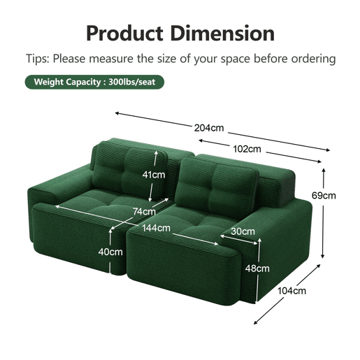Sofá modular sem estrutura - 2 lugares, moderno, assento profundo, veludo cotelê, cama - Verde
