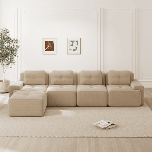 Sofá modular de 4 lugares - Chaise longue longa, assento profundo, confortável, antiderrapante - Bege