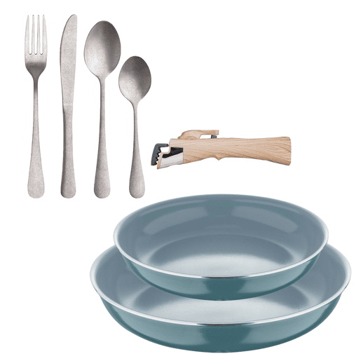 Frigideiras de indução Click&Cook Ø24Ø28cm e conjunto de talheres de 16 peças