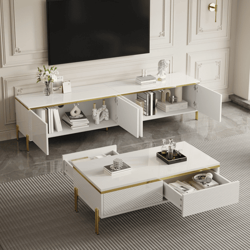 Conjunto de móvel de TV e mesa de centro - Luxuoso, alto brilho, bordas douradas, grande capacidade de armazenamento - Branco Conjunto de móvel de TV e mesa de centro - Luxuoso, alto brilho, bordas douradas, grande capacidade de armazenamento - Branco
