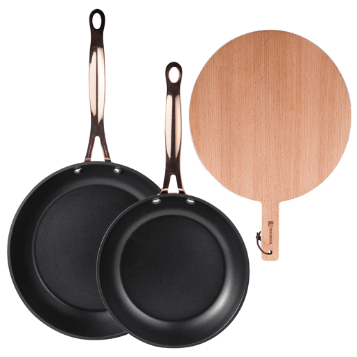 Frigideiras de indução de cobre Ø20Ø24cm e tábua de corte