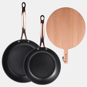 Frigideiras de indução de cobre Ø20Ø24cm e tábua de corte