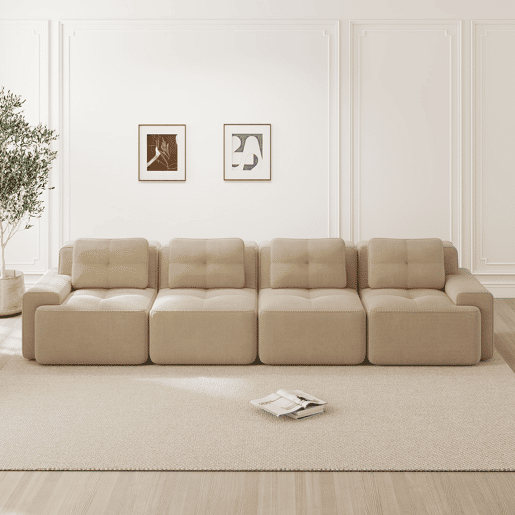 Sofá modular de 4 lugares - Estofado confortável, assento profundo, sem montagem, antiderrapante - Bege
