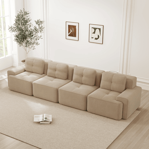 Sofá modular de 4 lugares - Estofado confortável, assento profundo, sem montagem, antiderrapante - Bege