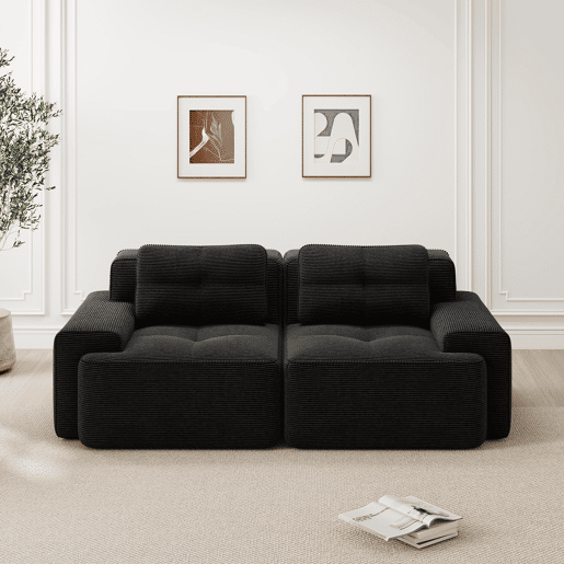 Sofá modular de 2 lugares - moderno, confortável, veludo tipo veludo cotelê, sofá-cama - preto