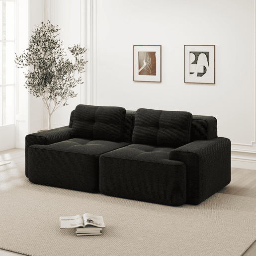 Sofá modular de 2 lugares - moderno, confortável, veludo tipo veludo cotelê, sofá-cama - preto