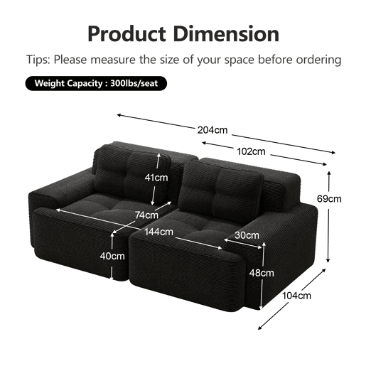 Sofá modular de 2 lugares - moderno, confortável, veludo tipo veludo cotelê, sofá-cama - preto