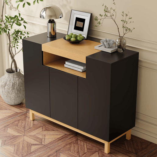 Aparador 120 cm - 3 portas, armazenamento multifuncional para sala de estar e sala de jantar - Preto