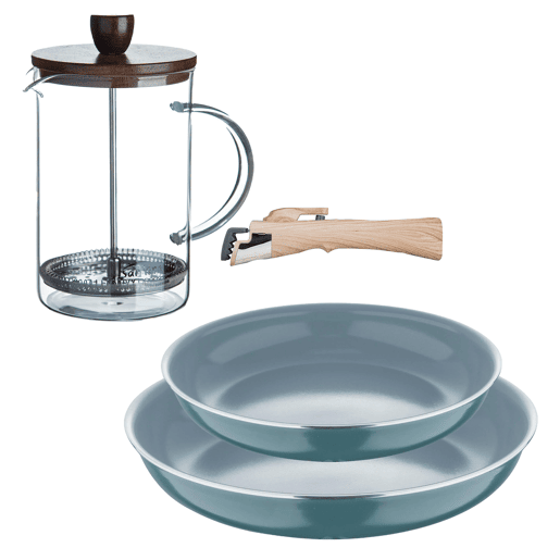 Frigideiras de indução Click&Cook Ø22Ø26cm e cafeteira francesa Frigideiras de indução Click&Cook Ø22Ø26cm e cafeteira francesa