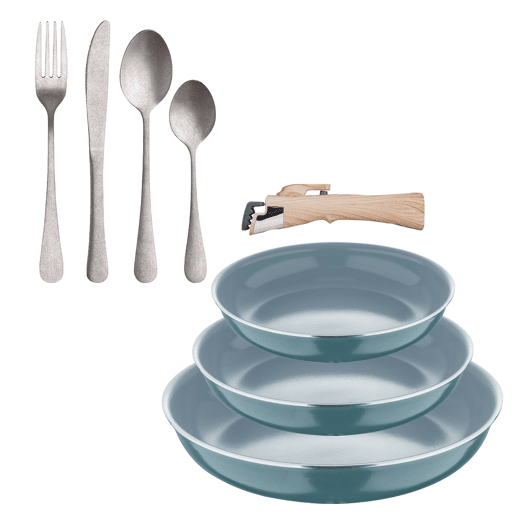 Frigideiras de indução Click&Cook Ø18Ø20Ø24cm e conjunto de talheres de 16 peças