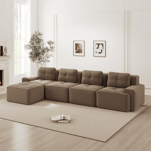 Sofá modular de 4 lugares - Boneless, chaise longue L, assento profundo, antiderrapante - Castanho