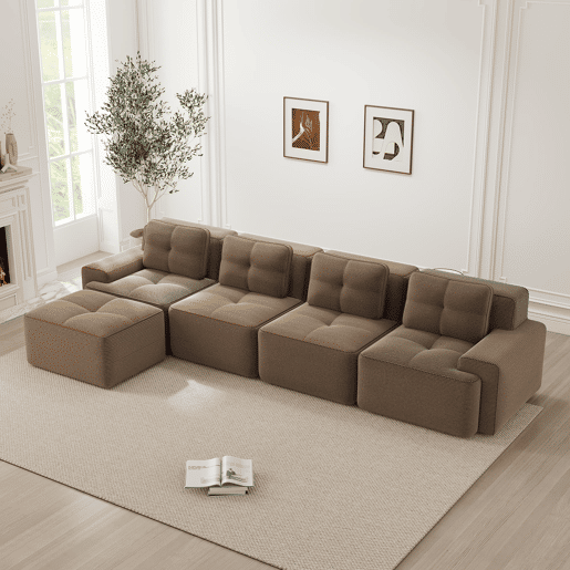 Sofá modular de 4 lugares - Boneless, chaise longue L, assento profundo, antiderrapante - Castanho