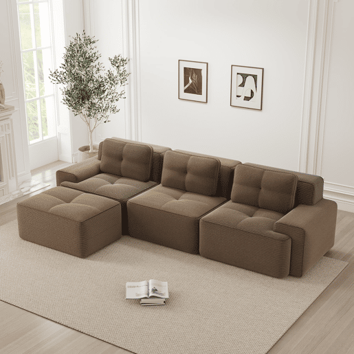Sofá modular L 3 lugares - Veludo cotelê, chaise longue, montagem sem ferramentas - Castanho