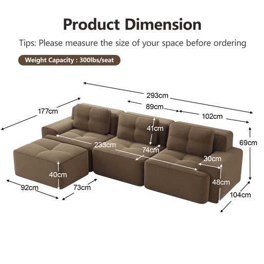 Sofá modular L 3 lugares - Veludo cotelê, chaise longue, montagem sem ferramentas - Castanho