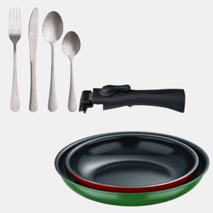 Frigideiras de indução Click&Cook Ø22Ø26cm e conjunto de talheres de 16 peças