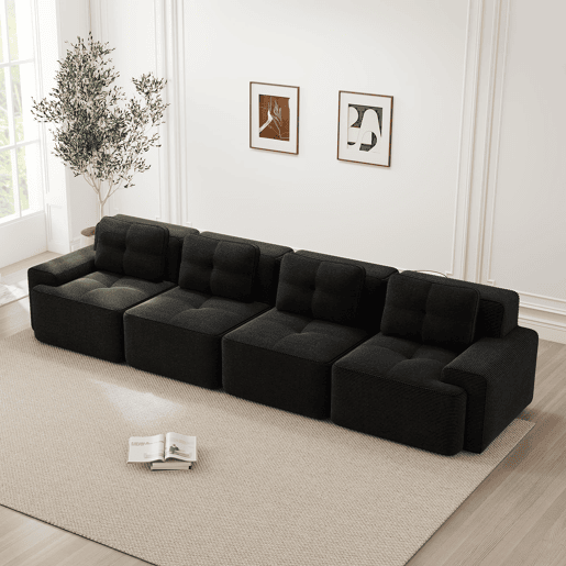 Sofá modular Boneless 4 lugares - profundo e confortável, veludo cotelê - preto