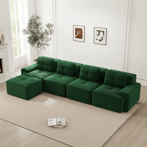 Sofá modular de 4 lugares - Chaise longue longa, profunda e confortável, estofada em veludo cotelê - Verde